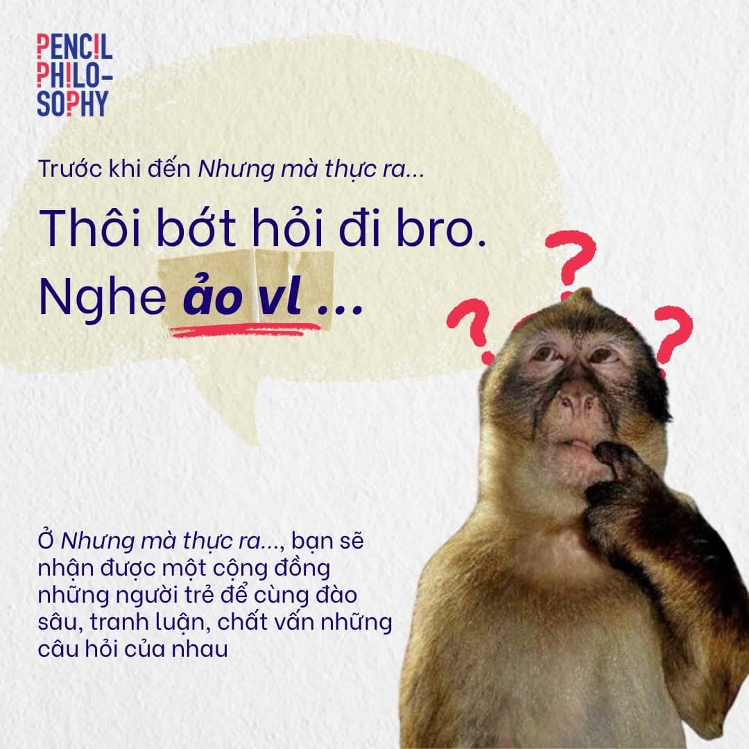 Hình minh hoạ một chú khỉ đang suy tư bên câu nói “Thôi bớt hỏi đi bro. Nghe ảo vl …”