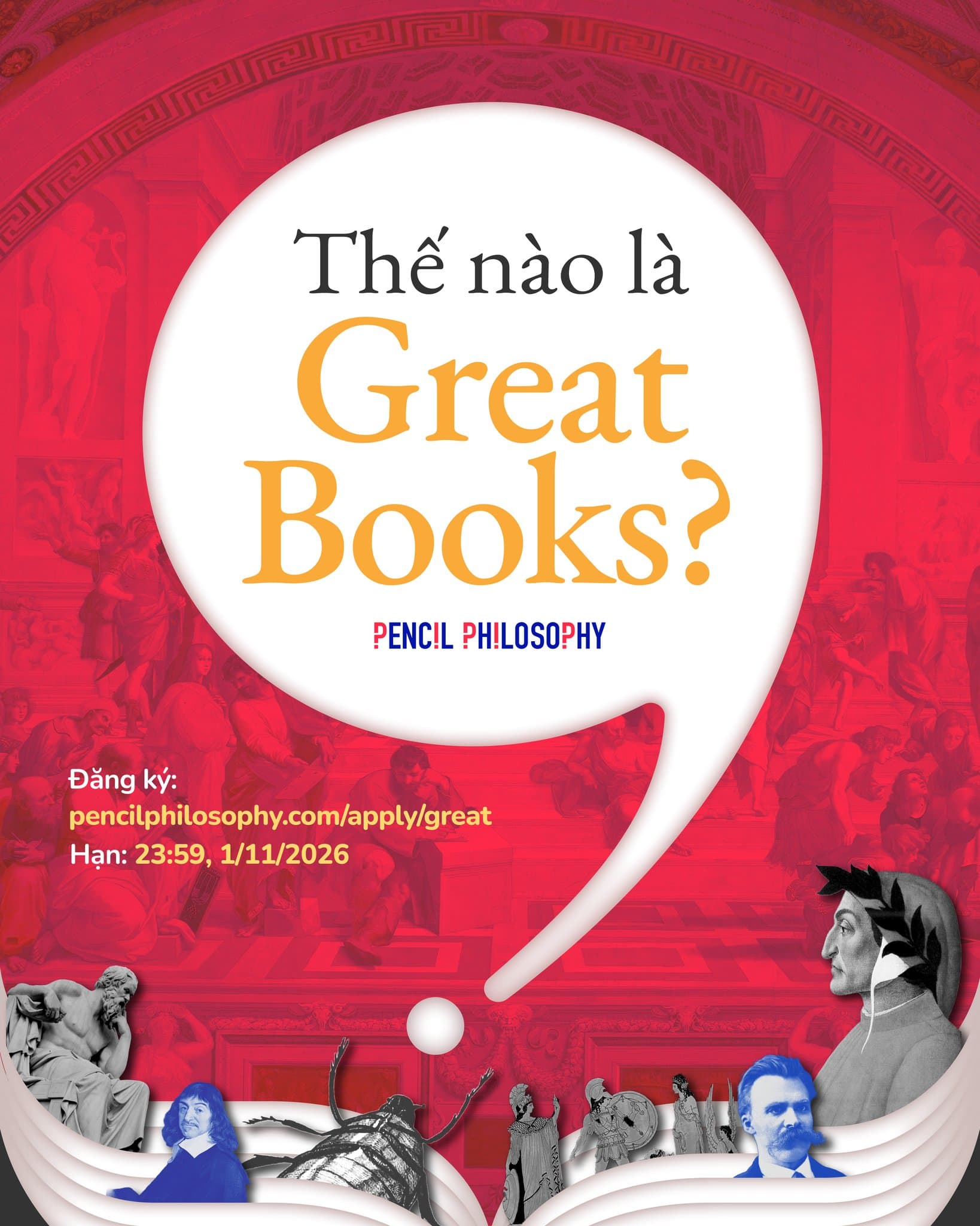 Poster Great Books Series 2027 với câu hỏi “Thế nào là Great Books?” trên nền bức họa Trường Athens